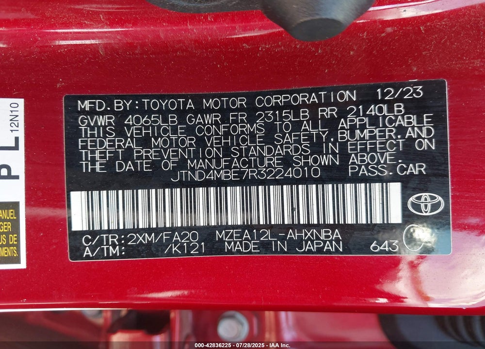 2024 TOYOTA COROLLA VIN: JTND4MBE7R3224010