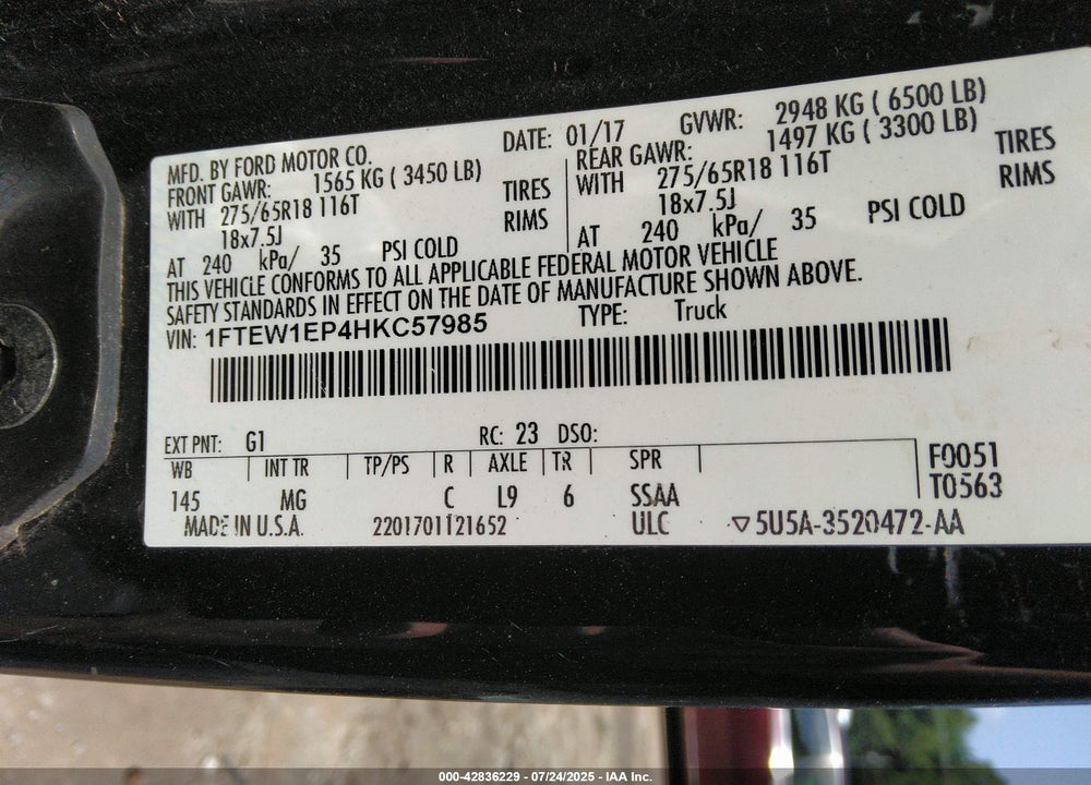 2017 FORD F-150 VIN: 1FTEW1EP4HKC57985