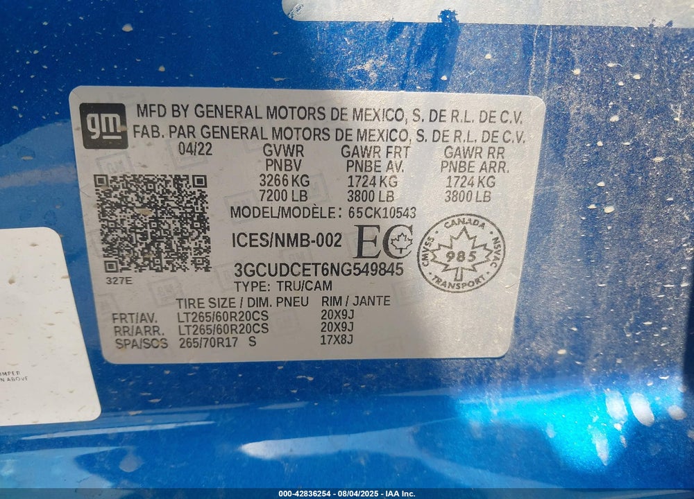 2022 CHEVROLET SILVERADO 1500 VIN: 3GCUDCET6NG549845