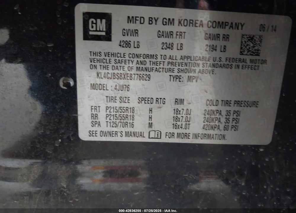 2014 BUICK ENCORE VIN: KL4CJBSBXEB776629