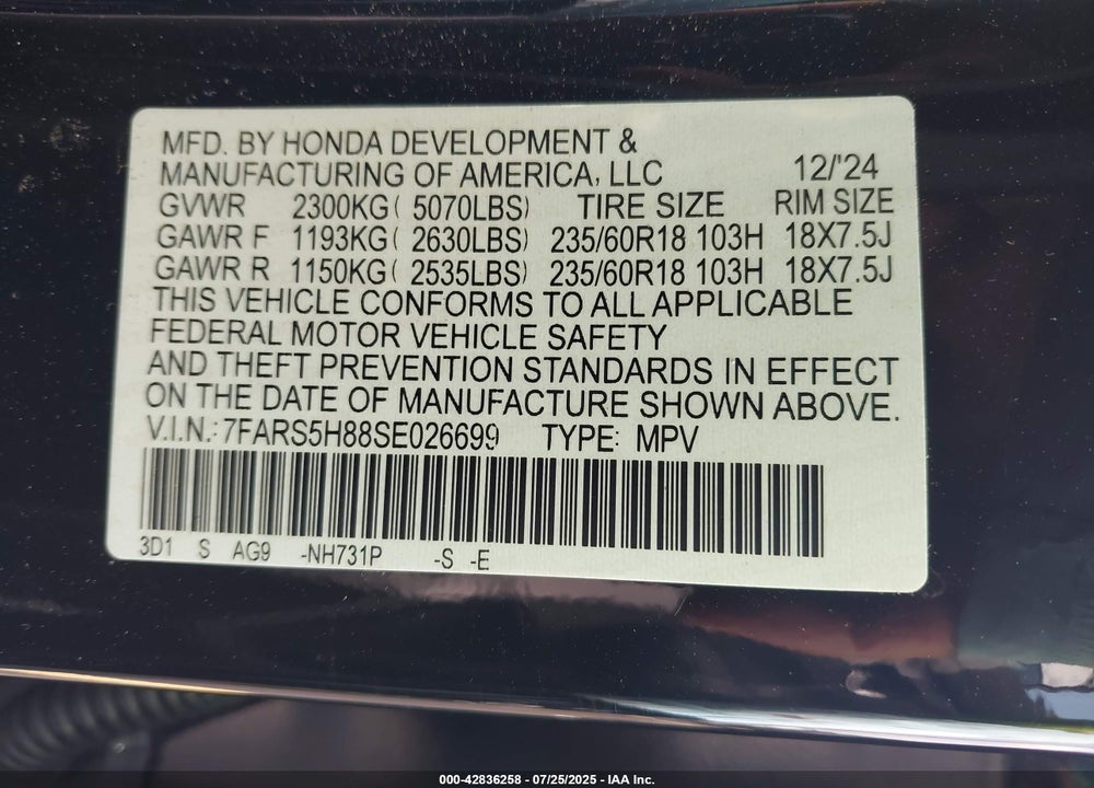 2025 HONDA CR-V VIN: 7FARS5H88SE026699
