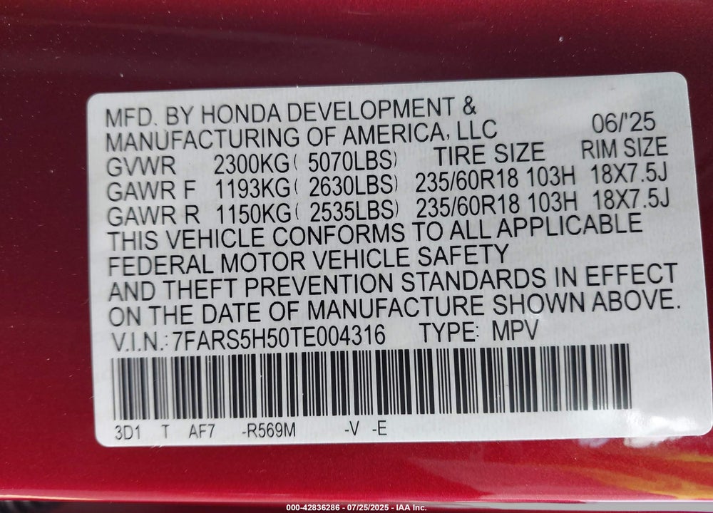 2026 HONDA CR-V HYBRID 2WD SPORT VIN: 7FARS5H50TE004316