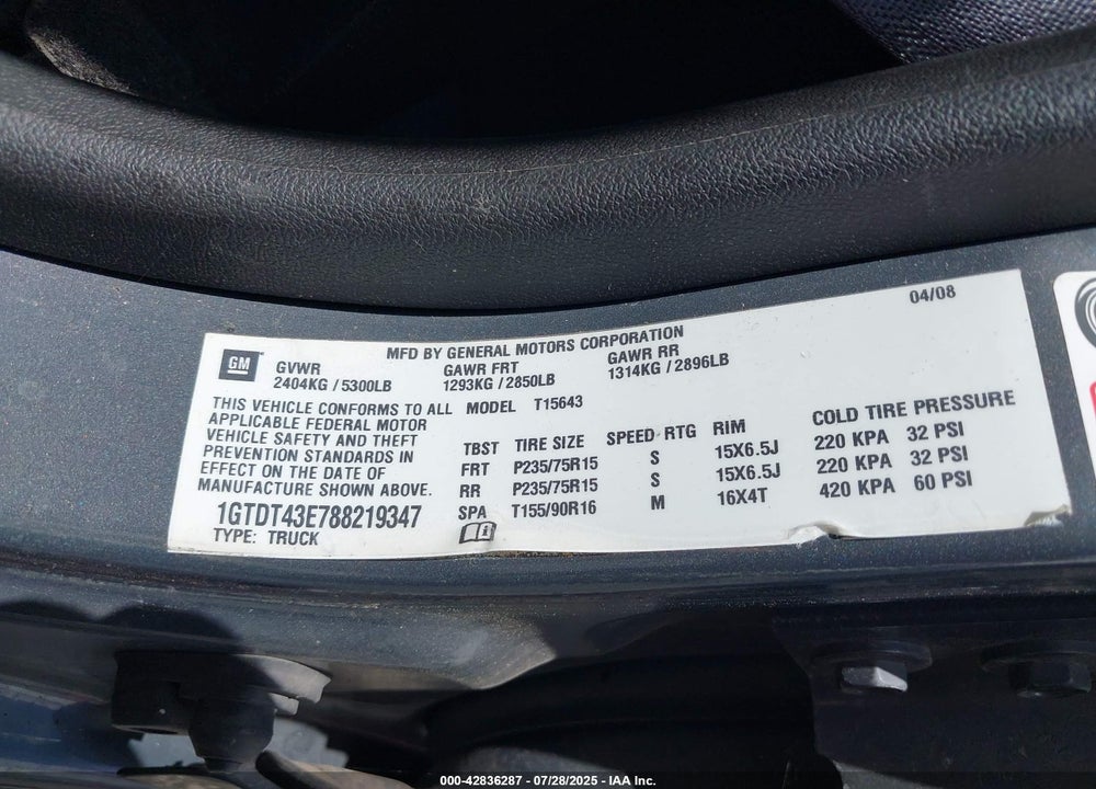 2008 GMC CANYON SLE2 VIN: 1GTDT43E788219347