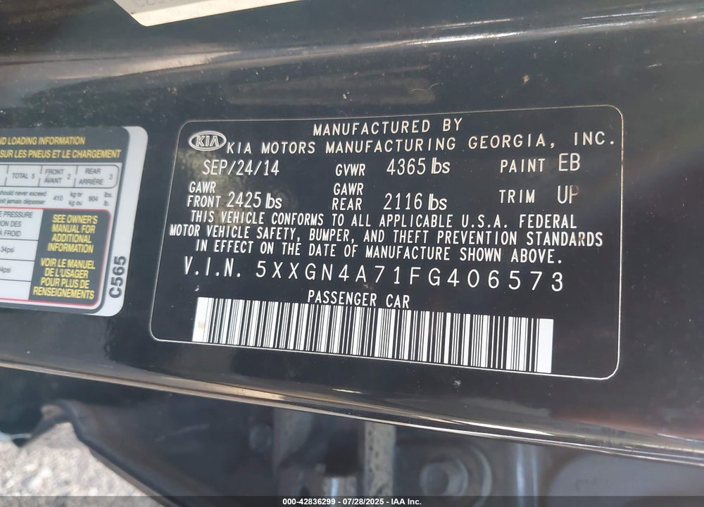 2015 KIA OPTIMA VIN: 5XXGN4A71FG406573