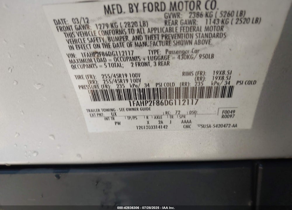 2013 FORD TAURUS VIN: 1FAHP2F86DG112117