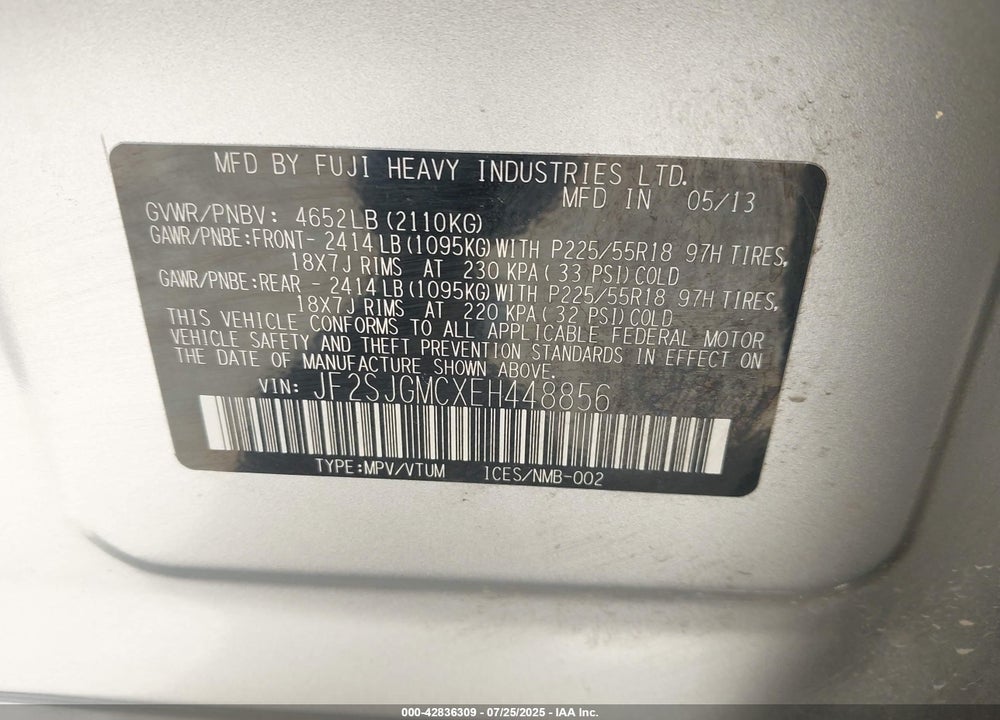 2014 SUBARU FORESTER VIN: JF2SJGMCXEH448856