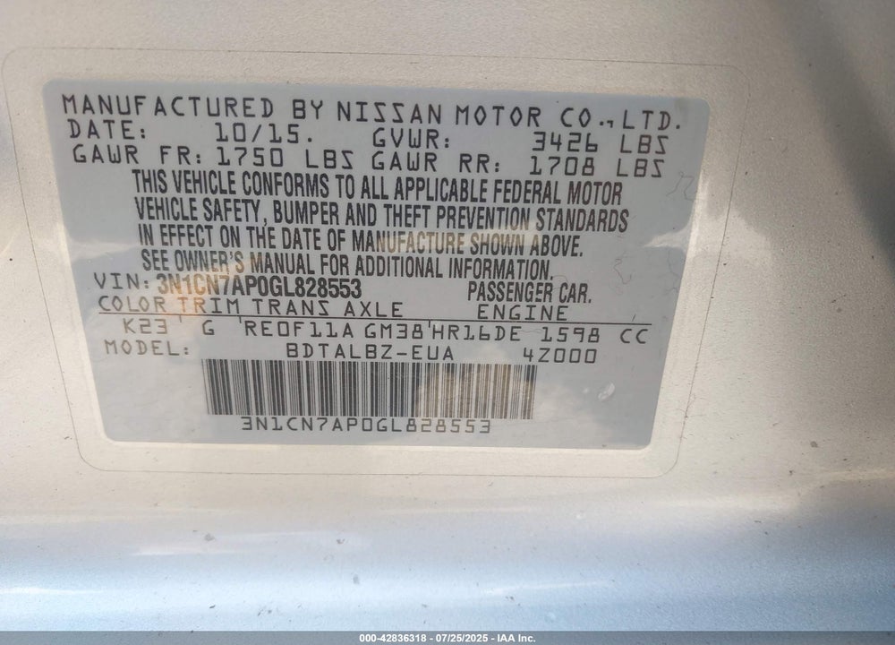 2016 NISSAN VERSA VIN: 3N1CN7AP0GL828553