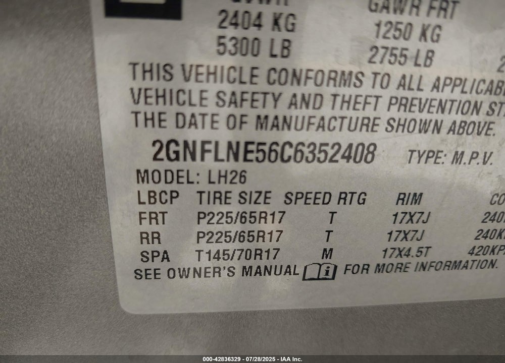 2012 CHEVROLET EQUINOX VIN: 2GNFLNE56C6352408