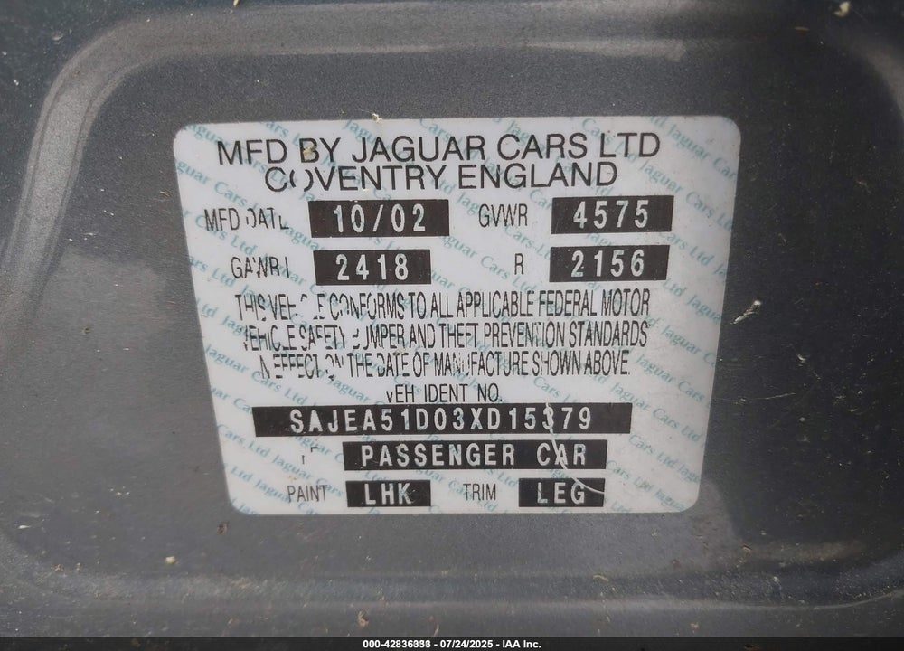 2003 JAGUAR X-TYPE 2.5 VIN: SAJEA51D03XD15379