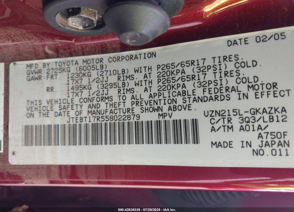 2005 TOYOTA 4RUNNER VIN: JTEBT17R558022879