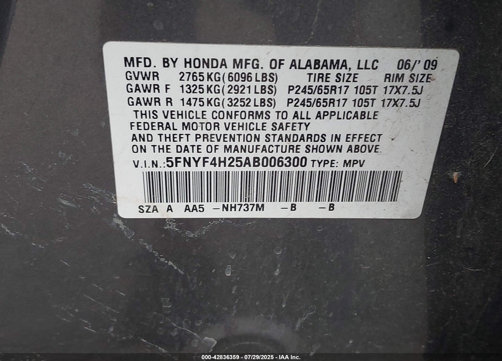 2010 HONDA PILOT VIN: 5FNYF4H25AB006300
