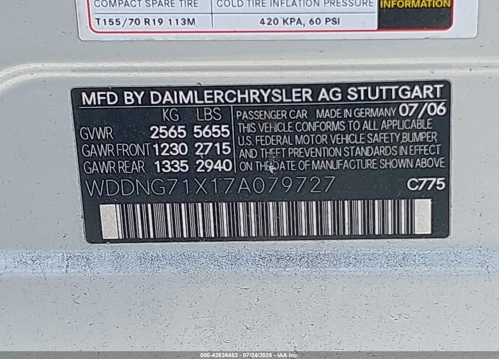 2007 MERCEDES-BENZ S CLASS VIN: WDDNG71X17A079727