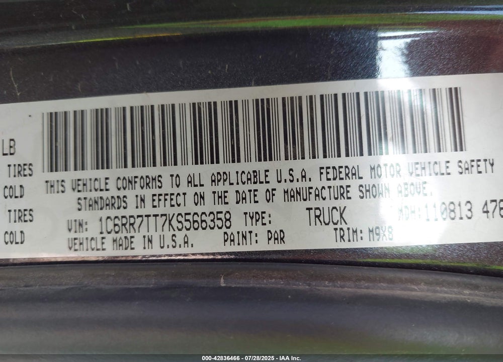 2019 RAM 1500 VIN: 1C6RR7TT7KS566358