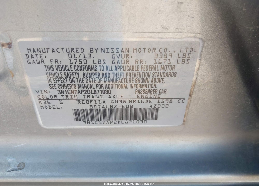 2013 NISSAN VERSA 1.6 SV VIN: 3N1CN7AP2DL871030