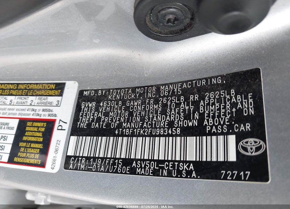 2015 TOYOTA CAMRY VIN: 4T1BF1FK2FU983458