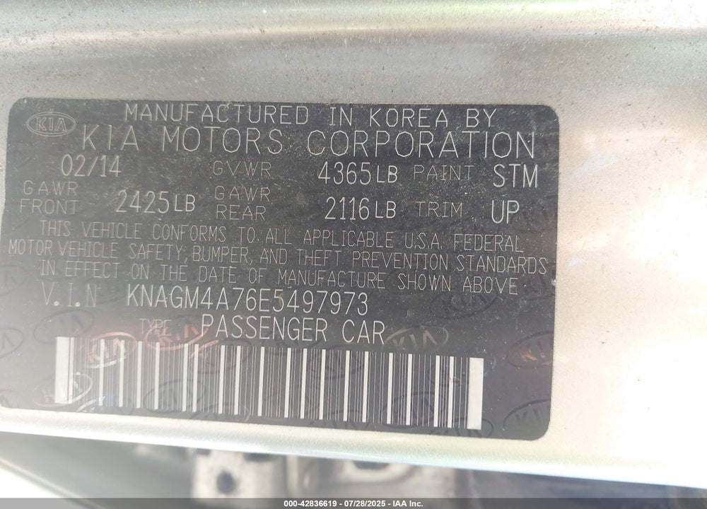 2014 KIA OPTIMA VIN: KNAGM4A76E5497973