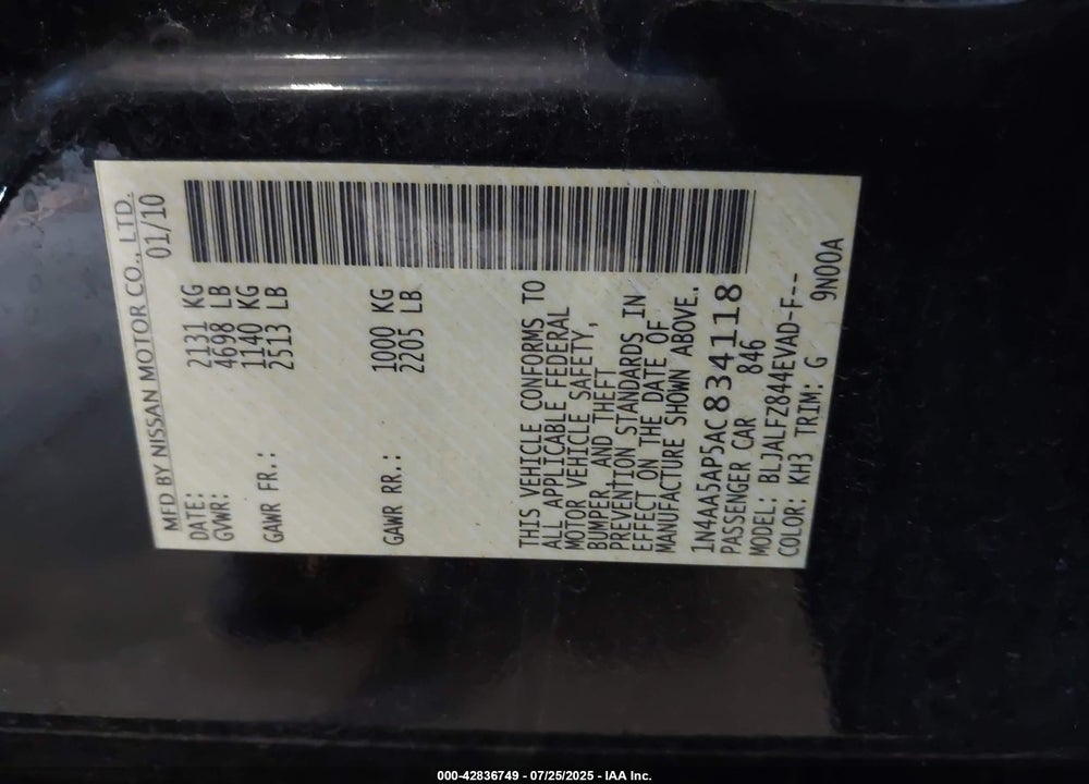 2010 NISSAN MAXIMA VIN: 1N4AA5AP5AC834118