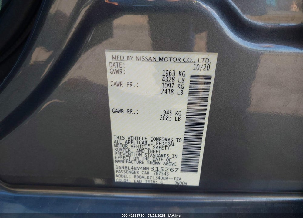 2021 NISSAN ALTIMA VIN: 1N4BL4BV4MN315267