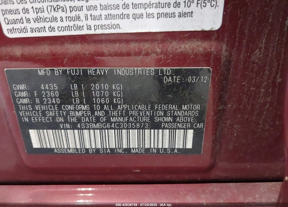 2012 SUBARU LEGACY VIN: 4S3BMBG64C3035873