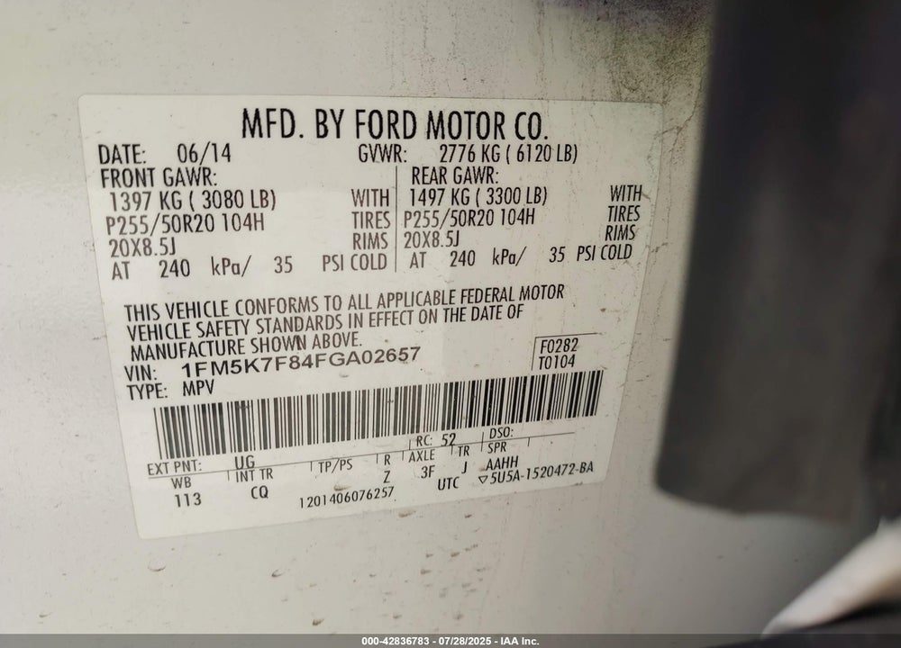 2015 FORD EXPLORER VIN: 1FM5K7F84FGA02657