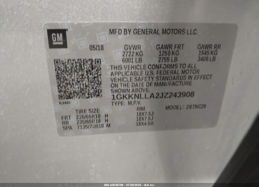 2018 GMC ACADIA VIN: 1GKKNLLA2JZ243908