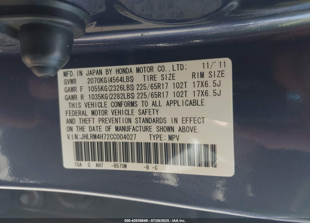 2012 HONDA CR-V VIN: JHLRM4H72CC004027