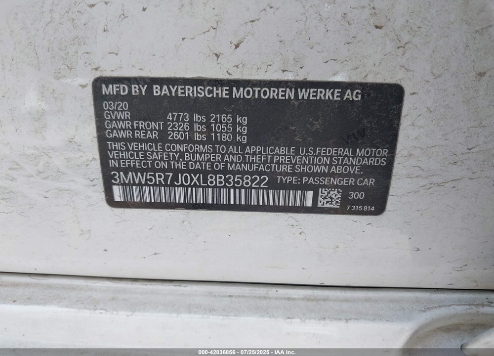 2020 BMW 3 SERIES VIN: 3MW5R7J0XL8B35822