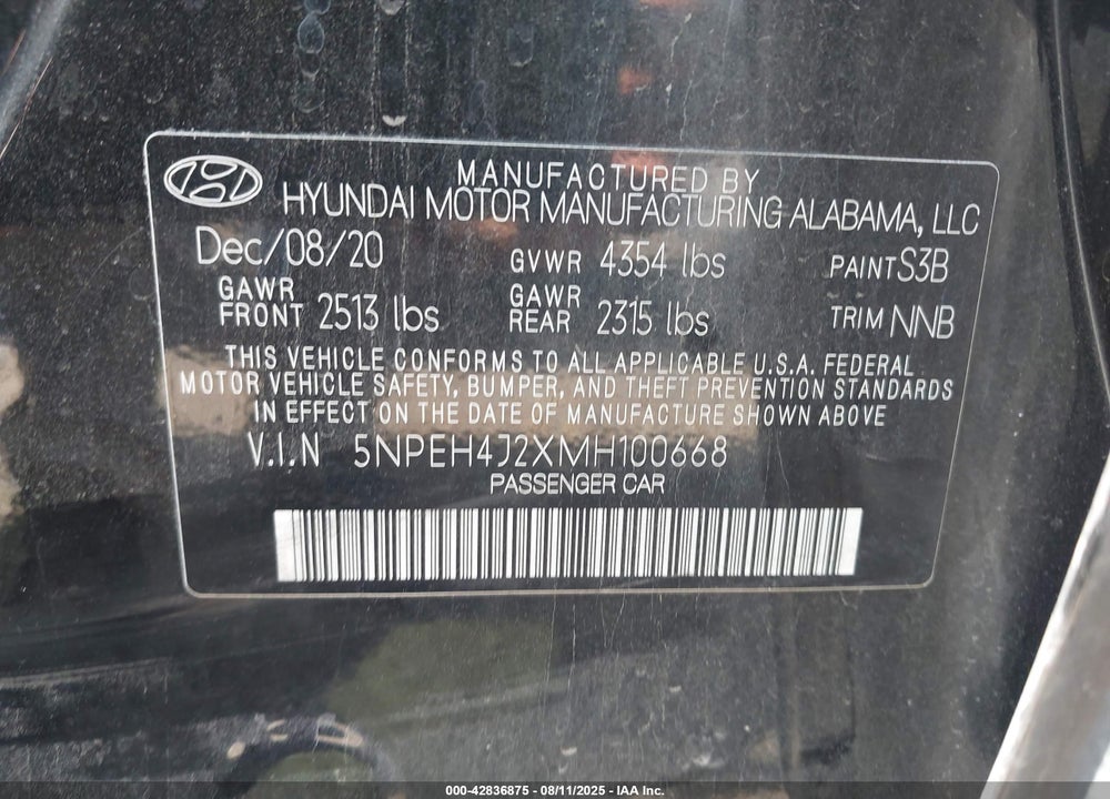 2021 HYUNDAI SONATA VIN: 5NPEH4J2XMH100668
