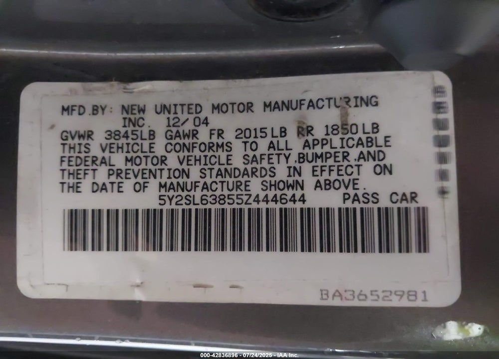 2005 PONTIAC VIBE VIN: 5Y2SL63855Z444644
