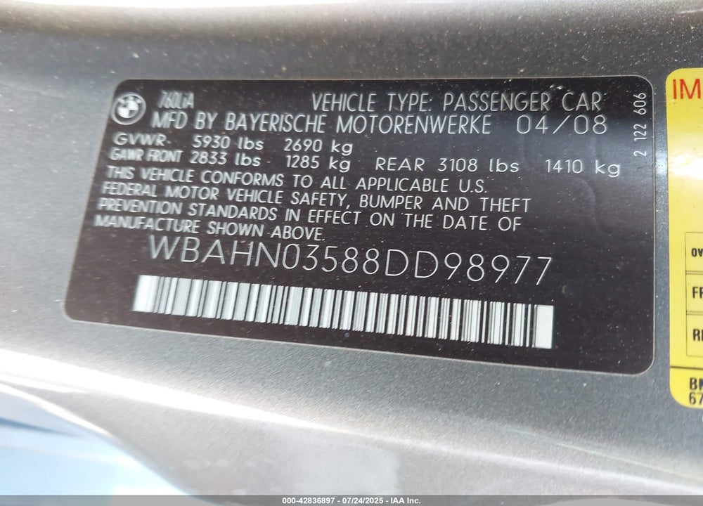 2008 BMW 760LI VIN: WBAHN03588DD98977