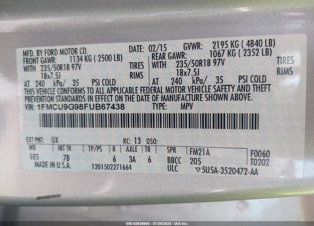 2015 FORD ESCAPE VIN: 1FMCU9G98FUB67438