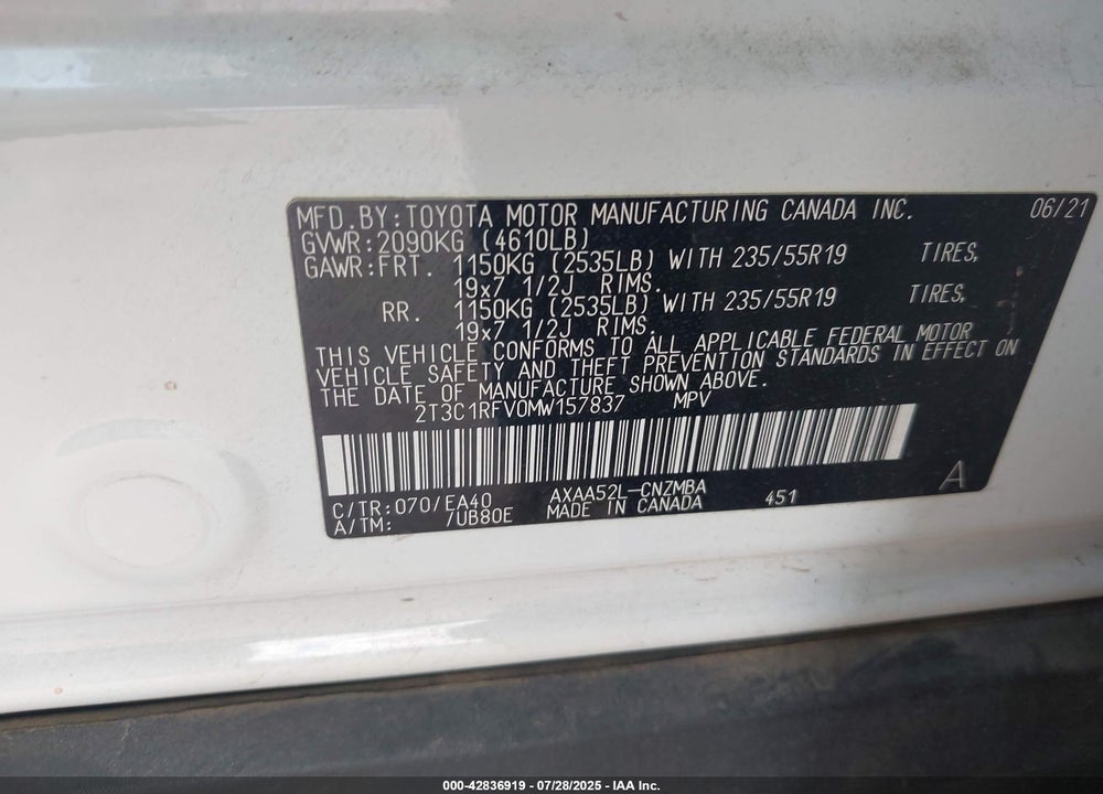 2021 TOYOTA RAV4 VIN: 2T3C1RFV0MW157837
