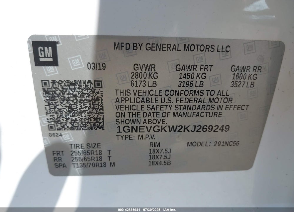 2019 CHEVROLET TRAVERSE VIN: 1GNEVGKW2KJ269249