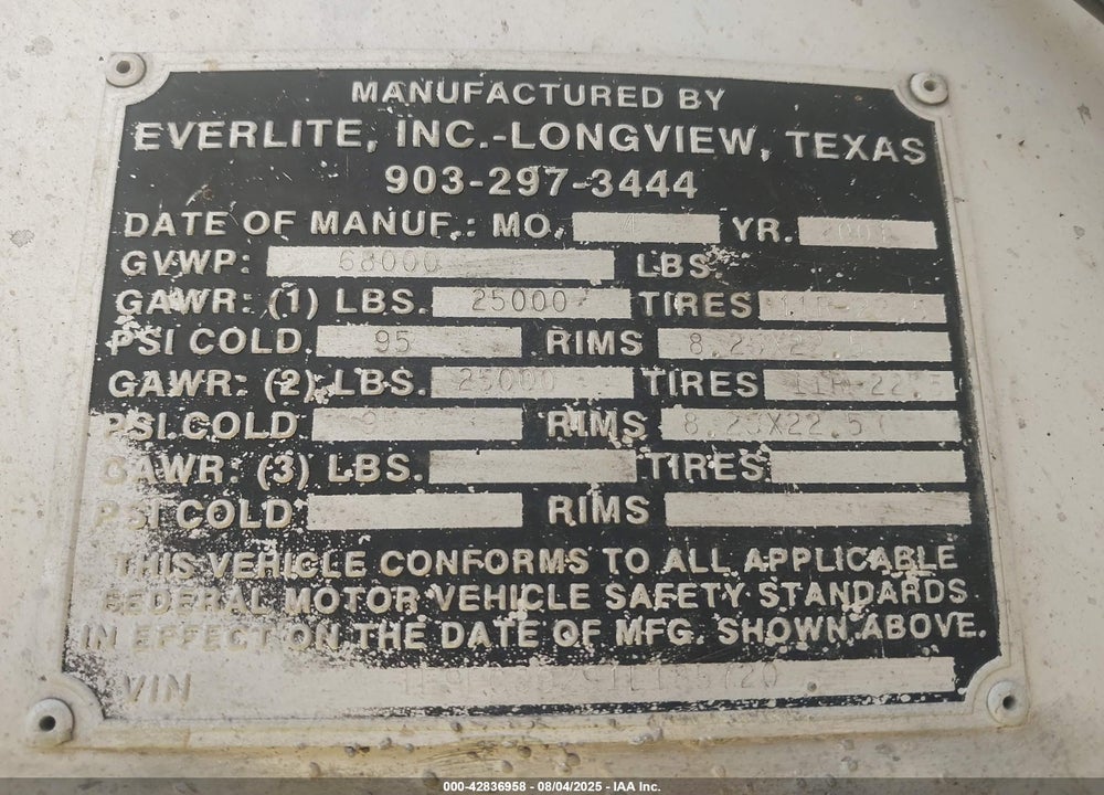 2001 EVERLITE INC DUMP TRAILER VIN: 1E9EC39291L185720