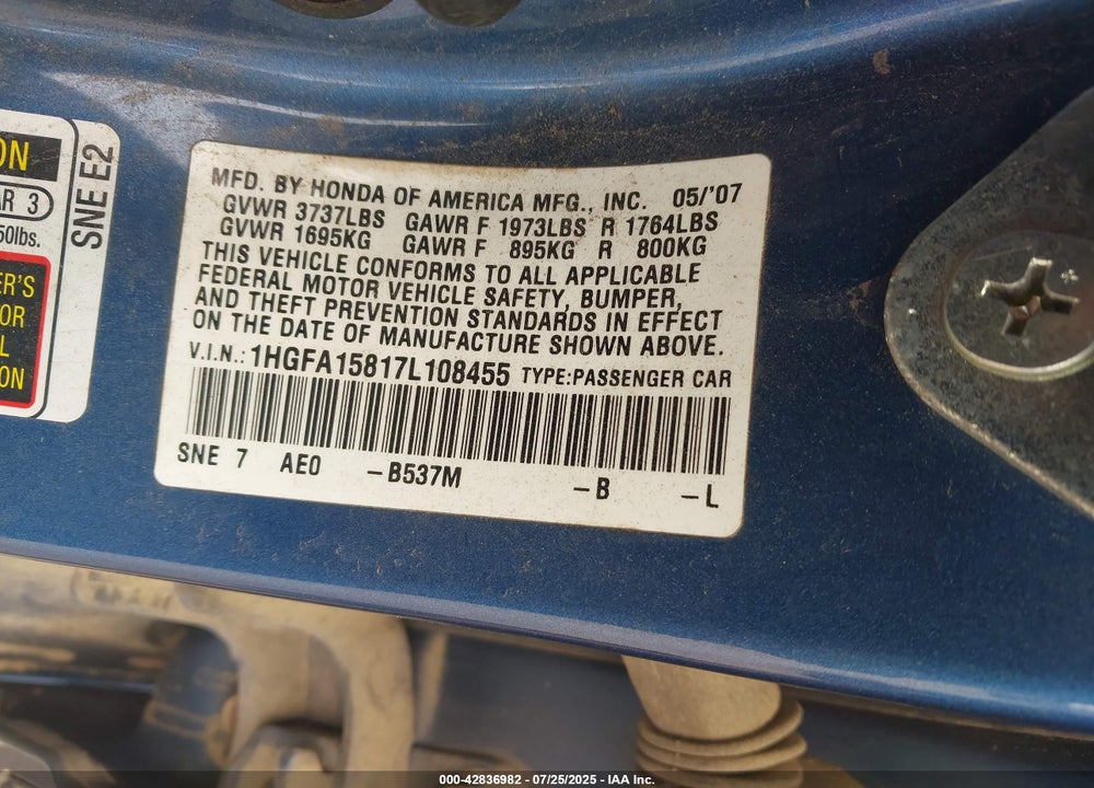 2007 HONDA CIVIC VIN: 1HGFA15817L108455