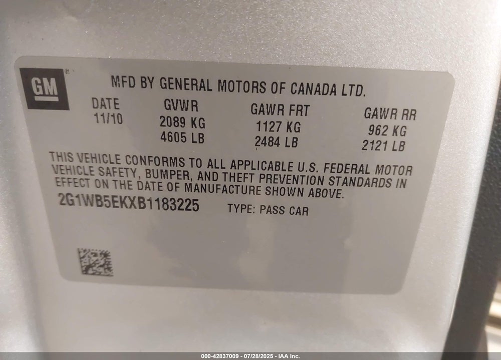 2011 CHEVROLET IMPALA VIN: 2G1WB5EKXB1183225