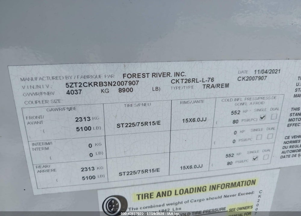 2022 FOREST RIVER OTHER VIN: 52T2CKRB3N2007907