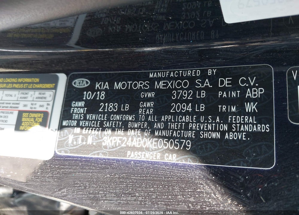 2019 KIA FORTE VIN: 3KPF24AD0KE050579
