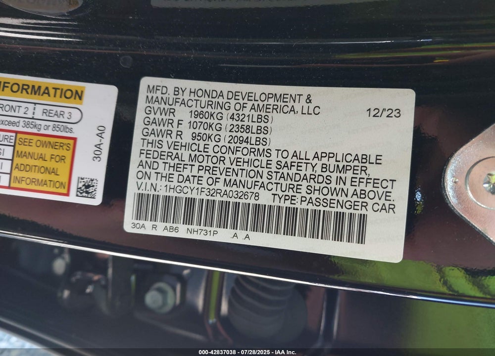 2024 HONDA ACCORD VIN: 1HGCY1F32RA032678