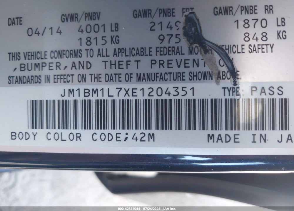 2014 MAZDA 3 I TOURING VIN: JM1BM1L7XE1204351