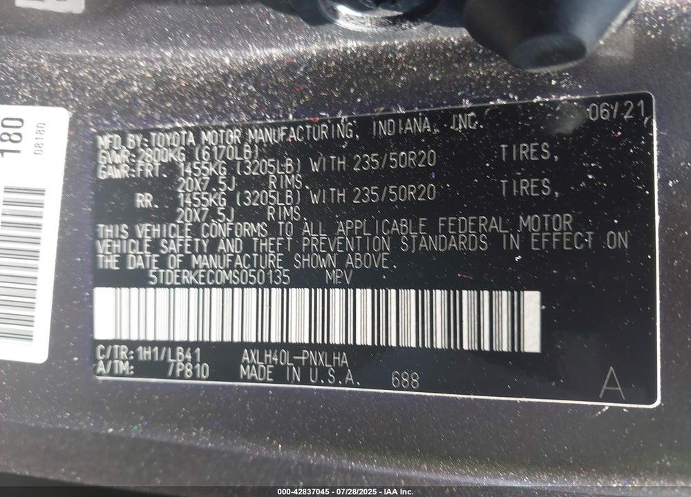 2021 TOYOTA SIENNA VIN: 5TDERKEC0MS050135