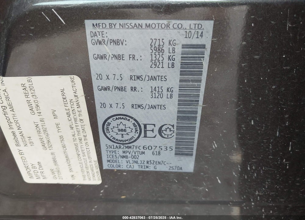 2015 NISSAN PATHFINDER VIN: 5N1AR2MM7FC607535