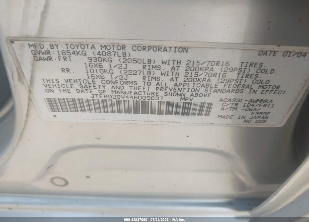 2004 TOYOTA RAV4 VIN: JTEHD20V446009037
