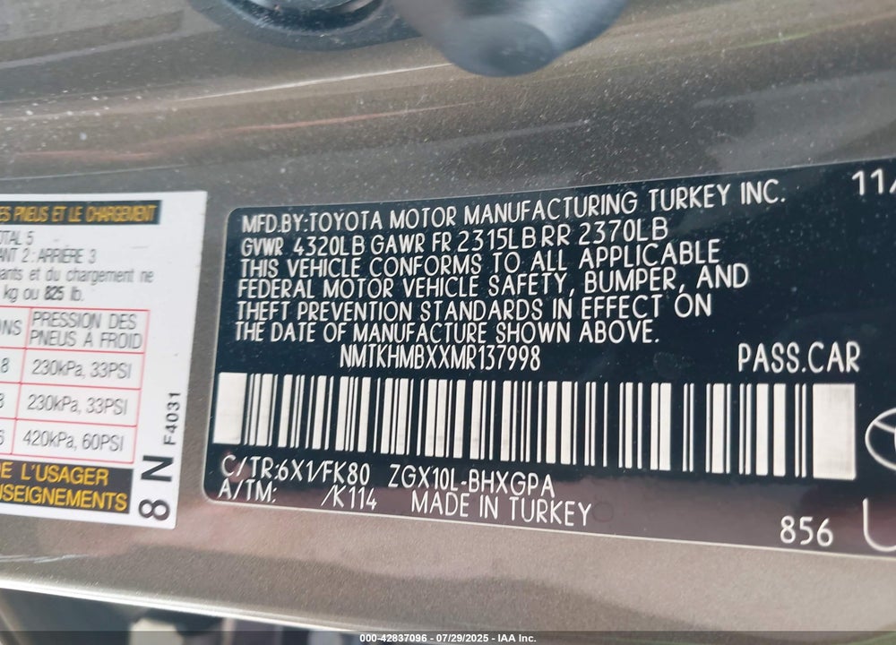2021 TOYOTA C-HR VIN: NMTKHMBXXMR137998