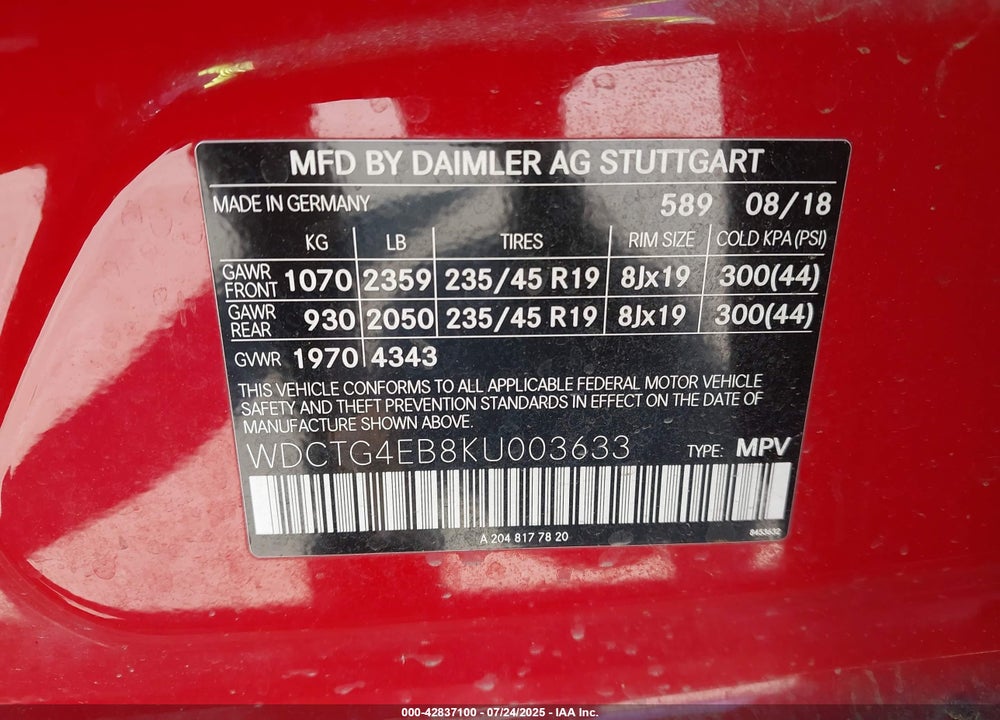 2019 MERCEDES-BENZ GLA-CLASS VIN: WDCTG4EB8KU003633