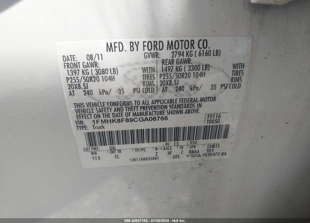 2012 FORD EXPLORER VIN: 1FMHK8F89CGA06766