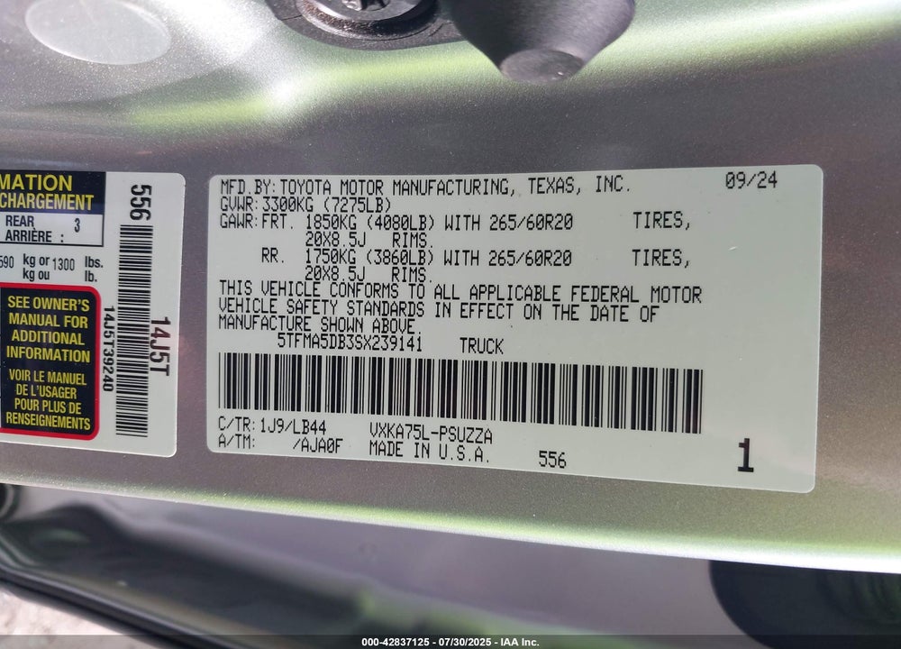 2025 TOYOTA TUNDRA CREWMAX PLATINUM/CREWMAX 1794 VIN: 5TFMA5DB3SX239141