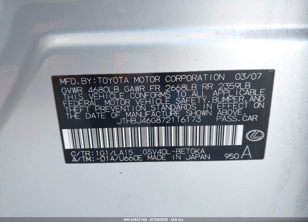 2007 LEXUS ES350 VIN: JTHBJ46G872116173