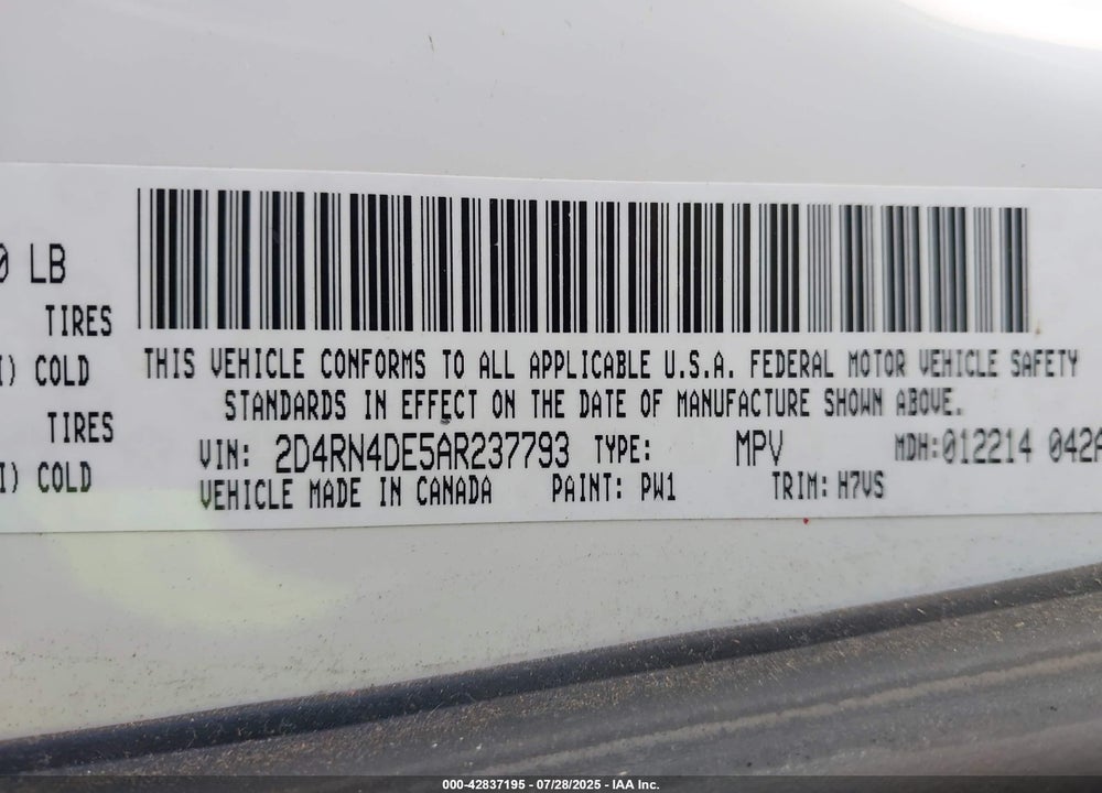 2010 DODGE GRAND CARAVAN VIN: 2D4RN4DE5AR237793