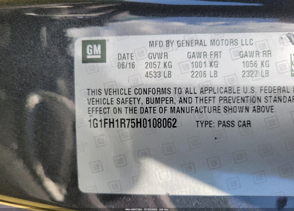 2017 CHEVROLET CAMARO VIN: 1G1FH1R75H0108062